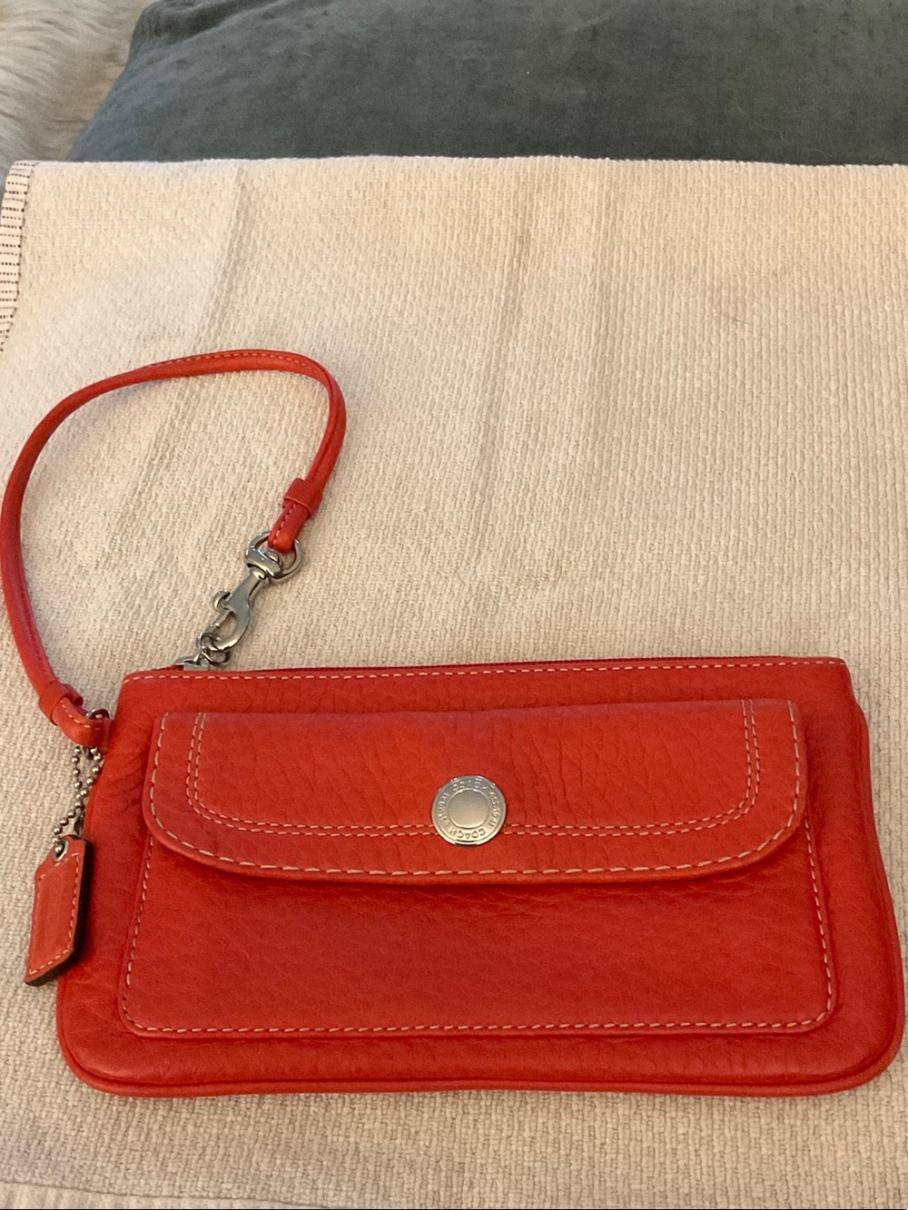 Coach Red pebble Leather Wristlet Clutch with Front Flap Pocket